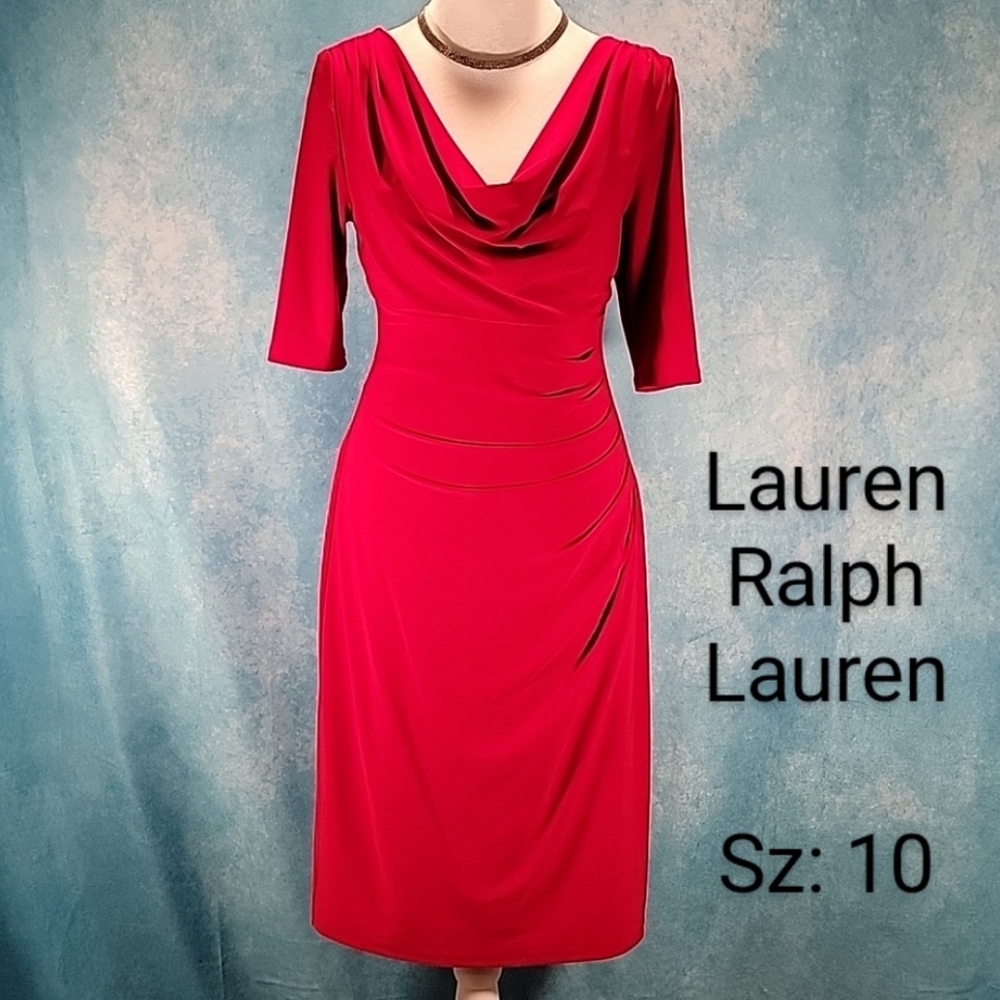 ❤Red Lauren RL Midi Dress w/ Gorgeous Ruching, 1/2 Sleeve & Cowl Neck